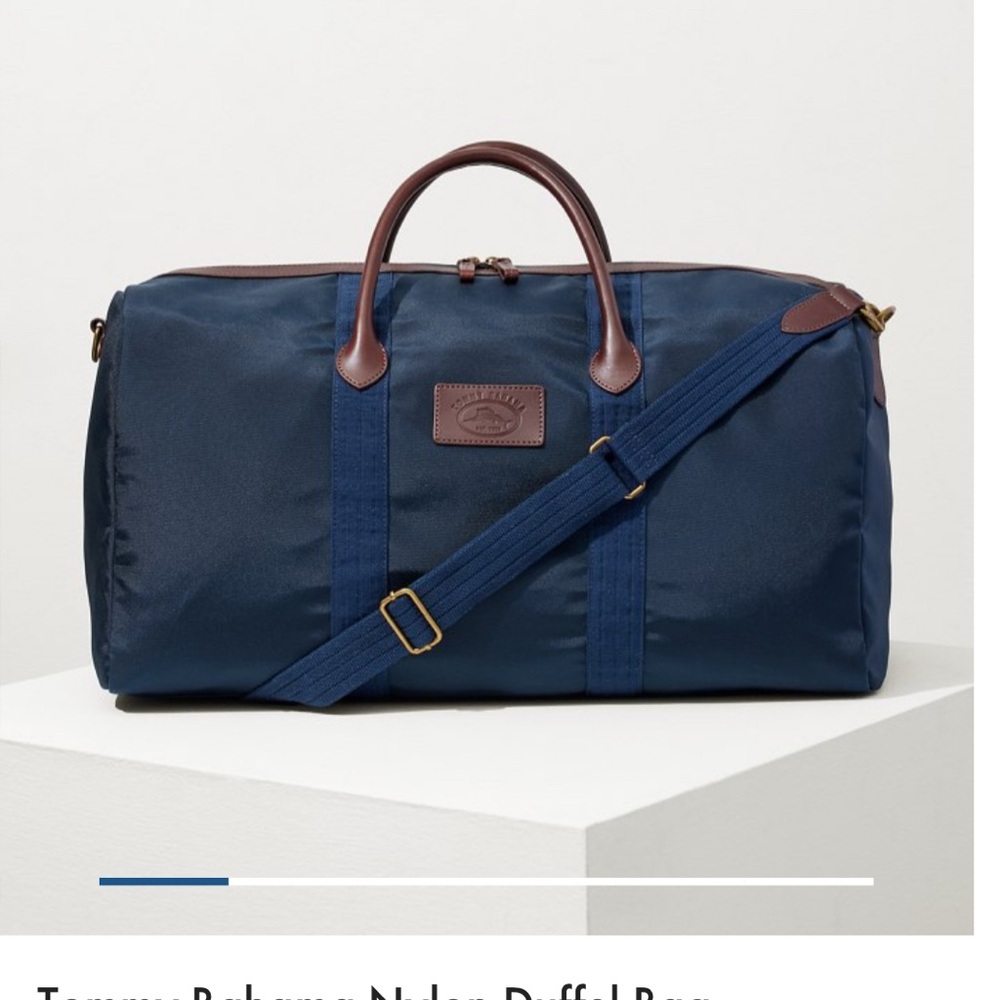Navy Duffel Bag with Brown Accents